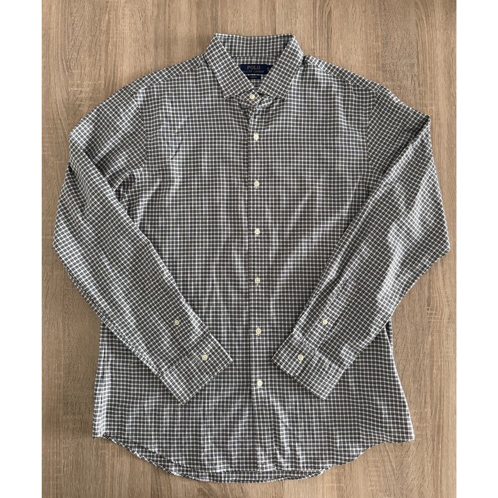 POLO RALPH LAUREN Men's Slim Fit Stretch Oxford L/S Shirt Grey White Size-XL